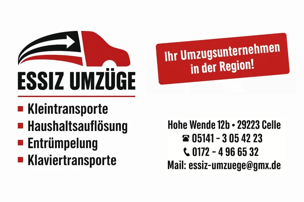 Flyer von Essiz Umzüge: Kleintransporte, Haushaltsauflösung, Entrümpelung, Klaviertransporte; Hohe Wende 12b, 29223 Celle, Telefon 05141 - 3 05 42 23, Mobil 0172 - 4 96 65 32, Mail essiz-umzuege@gmx.de